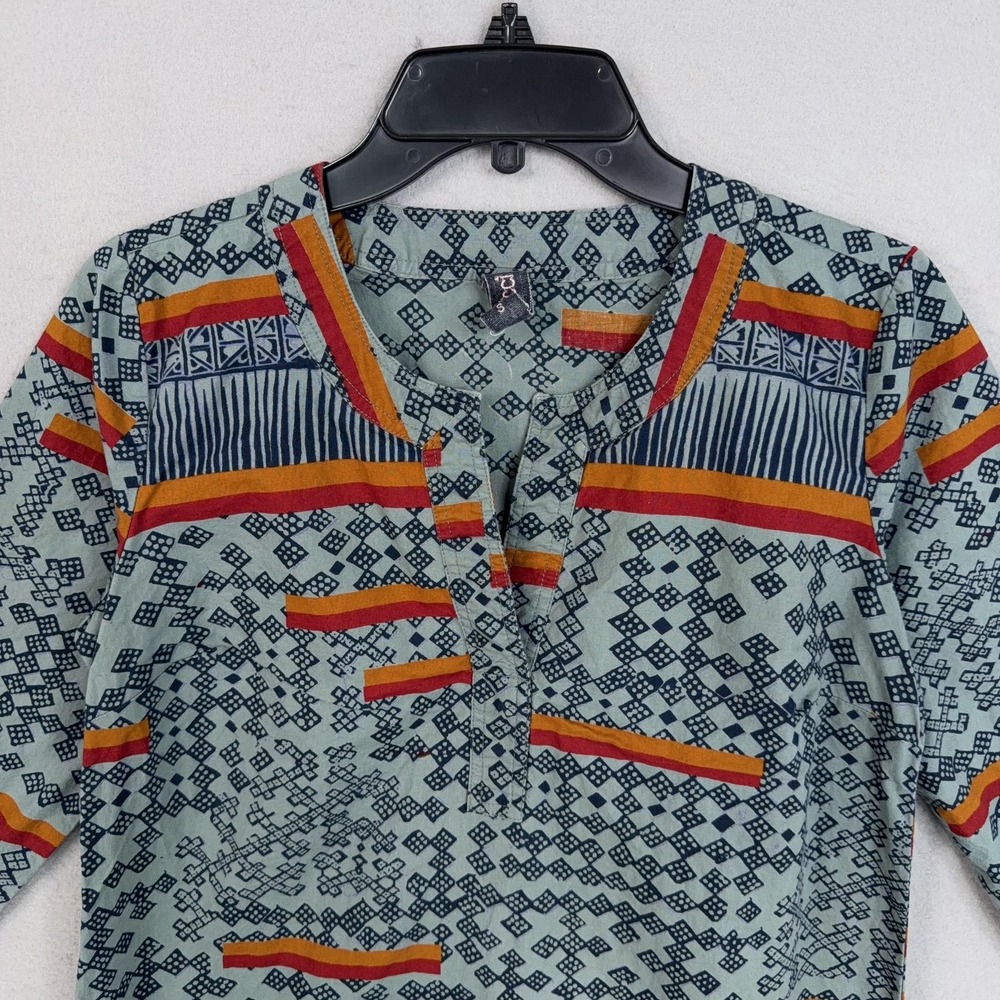 Gramicci Dress Womens Small Green Geometric Henley 3/4 Sleeve Boho Tribal Cotton - Picture 2 of 12